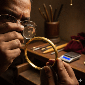 Jeweller checking BIS hallmark on a gold bangle to verify purity